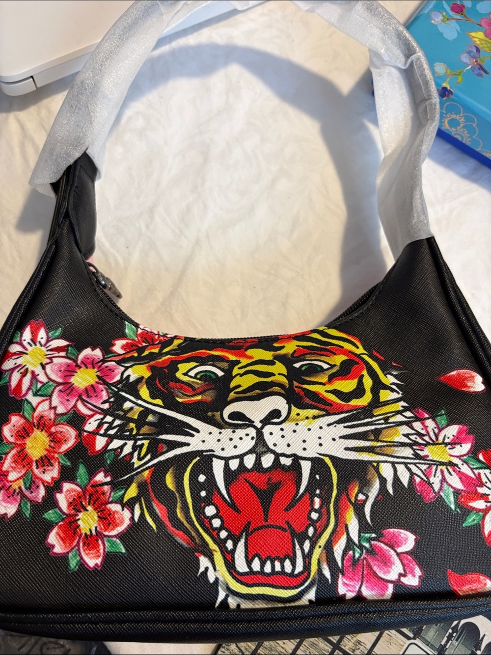 Ed Hardy Black Shoulder Bag with Multicolor Tiger & Pink Floral Print